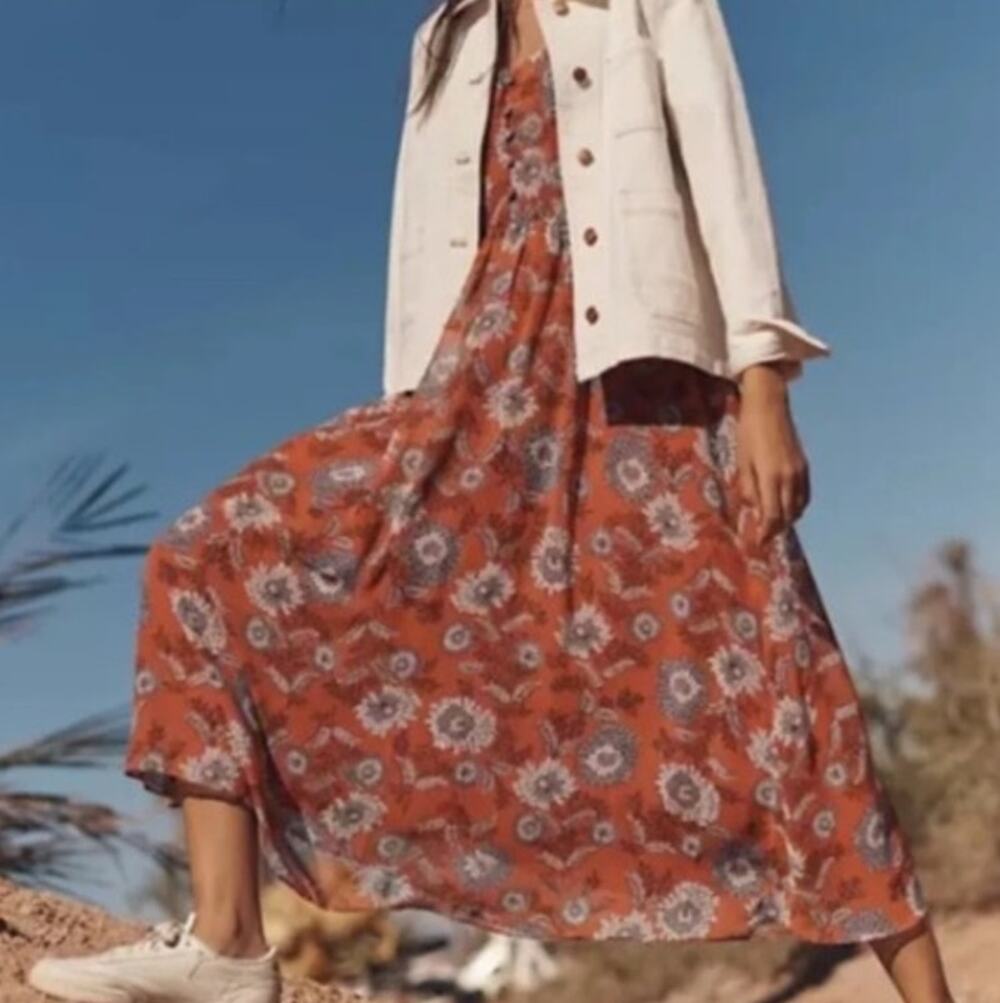 Madewell Midi Dress in Gathered Blooms Cottagecore Orange Floral Boho Size 8